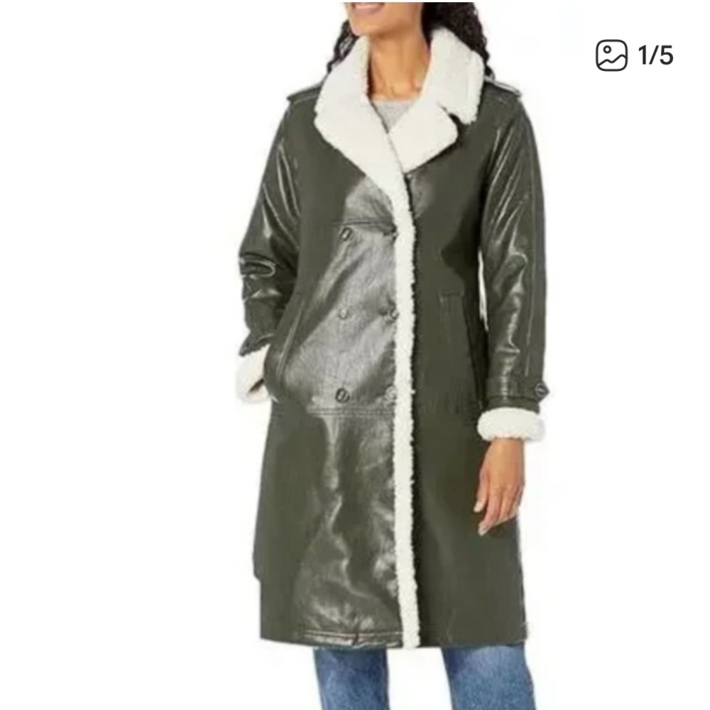 Kenneth Cole NY. NYT Women's Olive Green Faux Leather Coat w/ Shearling Trim